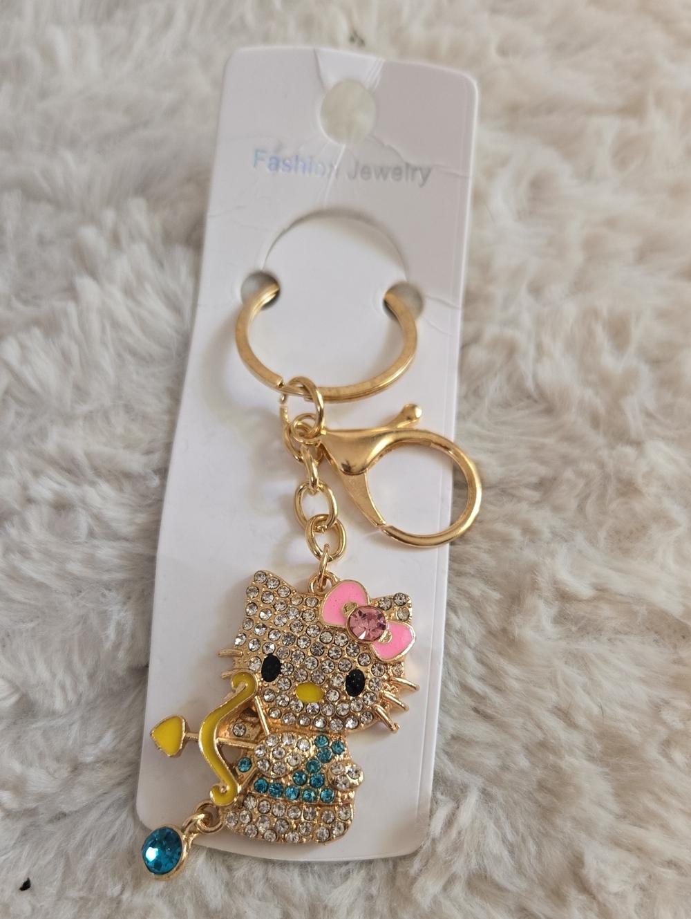 Gold Tone Pink Bow Cat Keychain Charm for Kids